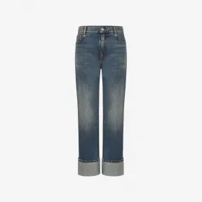 亚历山大麦昆/Alexander McQueen 女士宽松男友风牛仔裤水洗蓝色 728927QMACC4251