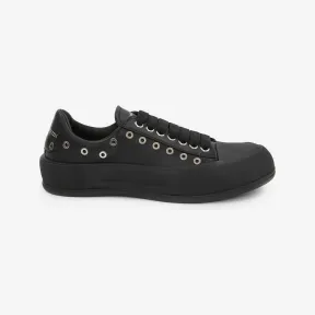 亚历山大麦昆/Alexander McQueen 男士Deck系带帆布鞋黑色/银色 729539WIATD1081