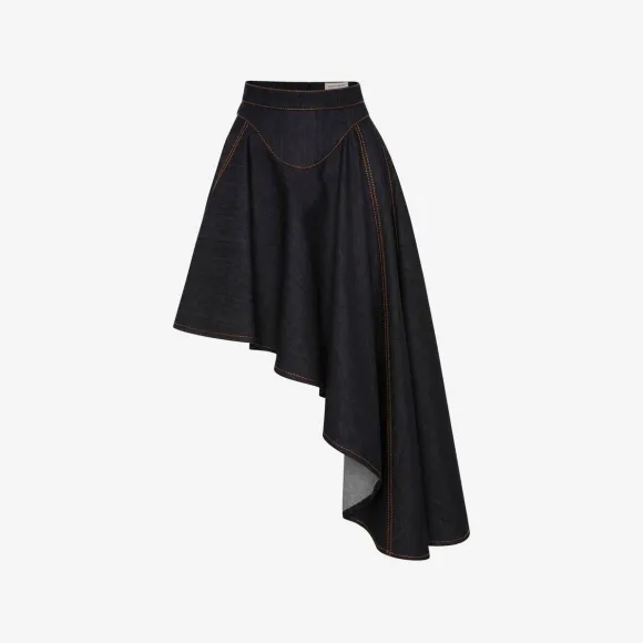 亚历山大麦昆/Alexander McQueen 女式深海军蓝不对称垂坠牛仔裙 744148QMACD4158 