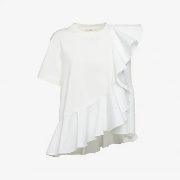 亚历山大麦昆/Alexander McQueen 女士Hybrid荷叶边T恤光学白色 754934QLACU9000