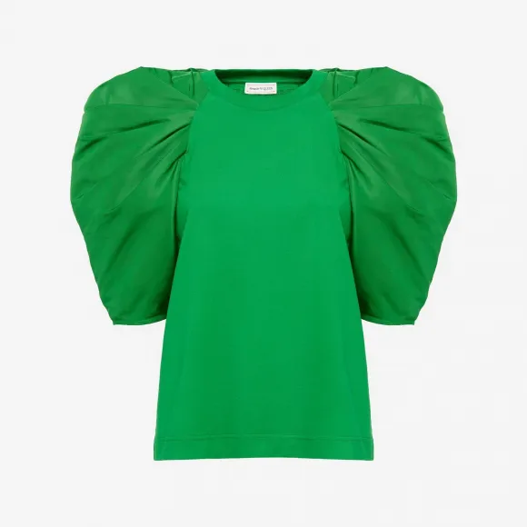 亚历山大麦昆/Alexander McQueen 女士Hybrid缩褶袖T恤鲜绿色 754944QLACU3032