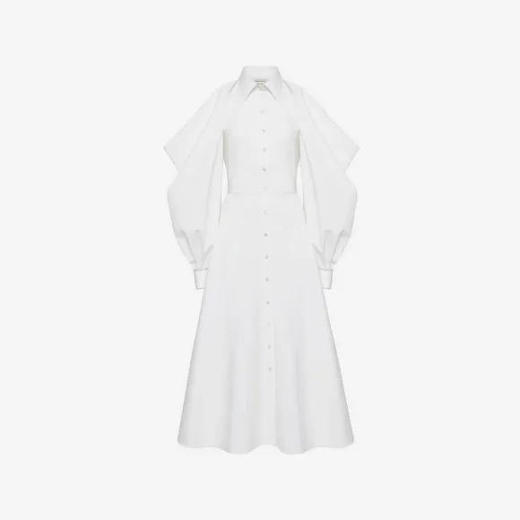 亚历山大麦昆/Alexander McQueen 女式光白色开衩垂坠袖衬衫连衣裙 755404QAABC9000 