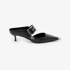 亚历山大麦昆/Alexander McQueen 黑色/银色朋克搭扣穆勒鞋 757514WIEA11081 