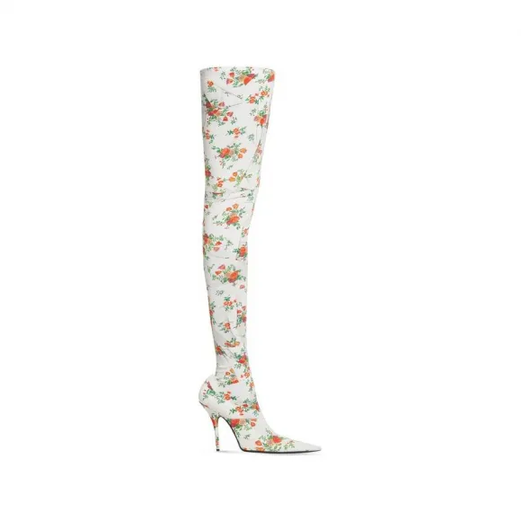 巴黎世家/Balenciaga Women's Knife 110mm Over-the-knee Boot Paper Crush Floral Printed in White 718647W2LX09783