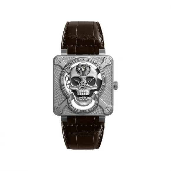柏莱士/Bell&ross 46 MM 微喷砂不锈钢饰以「Clou de Paris」（巴黎饰钉）图案 手动机械机芯 男表 BR01-SKULL-SK-ST