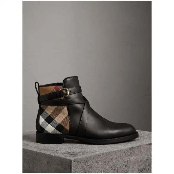 博百利/Burberry 女士 House 格纹束带装饰拼小牛皮及踝靴 (黑色) 40364781