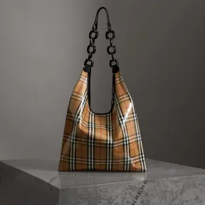 博百利/Burberry 女士 中号 Vintage 格纹拼皮革塑质购物袋 (古典黄色 / 黑色) 40727011