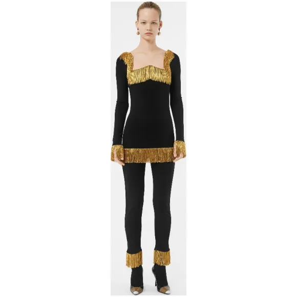 博百利/Burberry 女士 金属感流苏弹力平织紧身裤 (黑色) 45601131