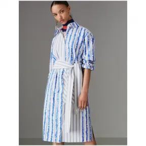 博百利/Burberry 女士 涂鸦条纹丝棉混纺衬衫式连衣裙 (海军蓝) 80014291