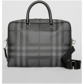 博百利/Burberry 男士 London 格纹拼皮革公文包 (炭灰色 / 黑色) - 男士  80051581