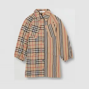 博百利/Burberry 童装 Vintage 格纹拼标志性条纹棉质衬衫式连衣裙 (典藏米色)  80121091
