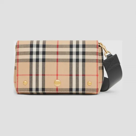 博百利/Burberry 女士 小号 Vintage 格纹拼皮革斜背包 (典藏米色 / 黑色)  80150761