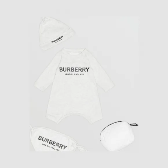 博百利/Burberry 徽标印花棉质三件套婴儿礼品套装 (麻灰白) - 儿童  80168521