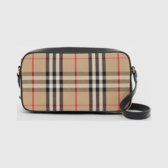 博百利/Burberry 女士 小号 Vintage 格纹拼皮革相机包 (典藏米色) 80207251