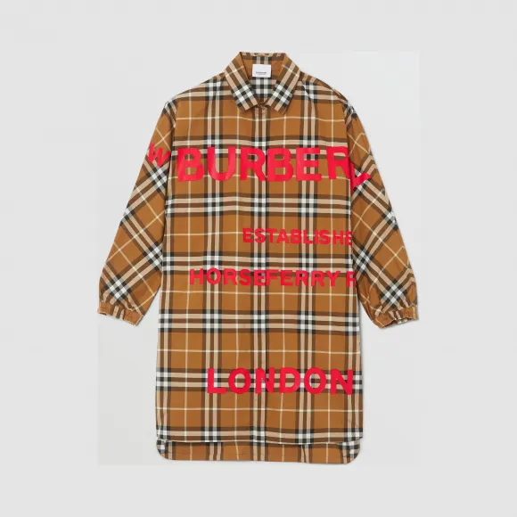 博百利/Burberry Horseferry 印花格纹棉质衬衫式连衣裙 (暖胡桃色)  80225011