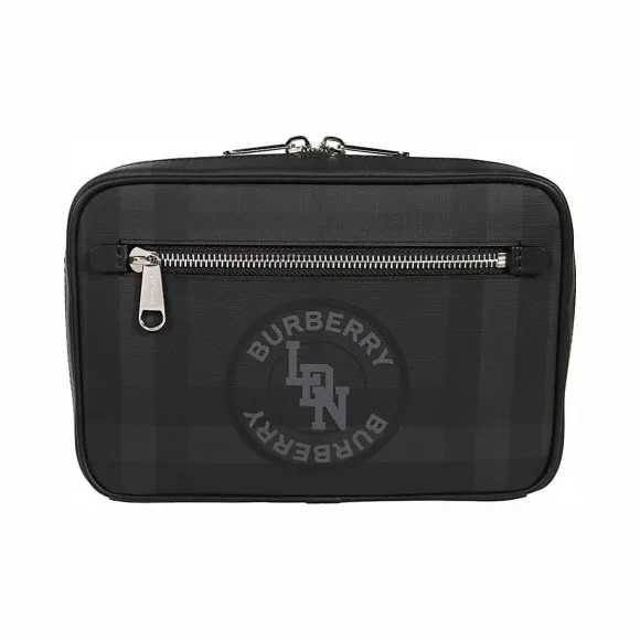 博百利/Burberry London 格纹徽标图案斜背包 (深炭灰) - 男士  80225151