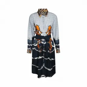 博百利/Burberry 专属标识拼海马印花丝质衬衫式连衣裙 (婴儿蓝) - 女士  80242191