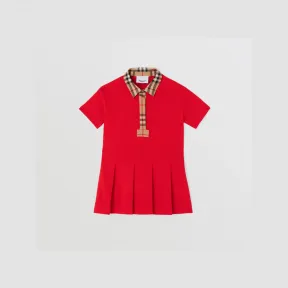 博百利/Burberry Vintage 格纹装饰棉质珠地布 Polo 衫式连衣裙 (亮红色) 80622131