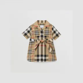 博百利/Burberry 镶拼格纹弹力棉质系腰衬衫式连衣裙 (典藏米色) 80644861