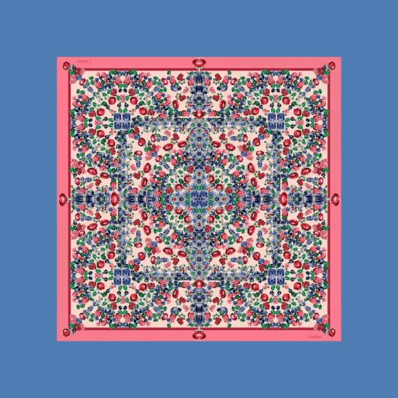 卡地亚/Cartier OS000052 “Tutti Frutti水果锦囊”风格方巾 90 桃红色斜纹真丝 