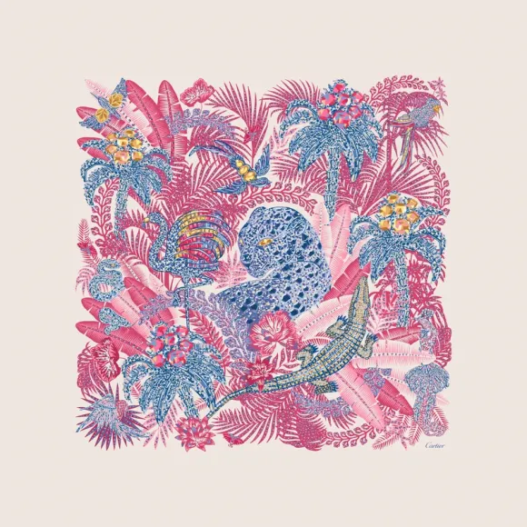 卡地亚/Cartier OS000061 猎豹丛林图案方巾 90 粉色和米色斜纹真丝 