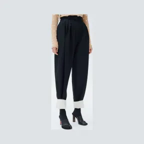 思琳/Celine  黑色羊毛混纺对比色裤脚七分裤 21S50389A.38NO