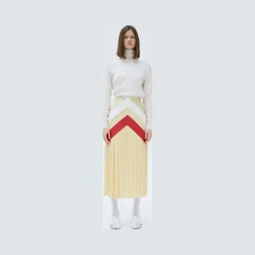 思琳/Celine  柠檬黄绉绸针织饰皮革覆饰百褶裙 22P20232A.11LL