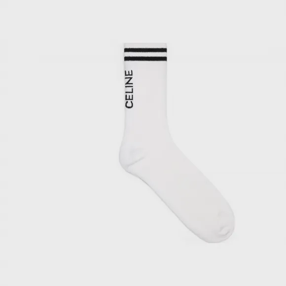 思琳/Celine 男士 CELINE条纹棉袜 - 纯白色 / 黝黑色 2A25P035N.01WB