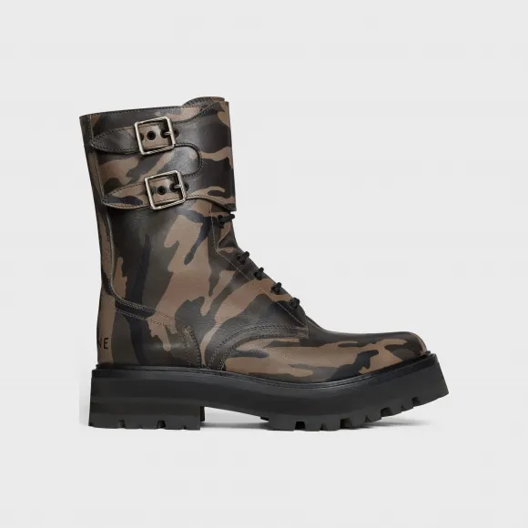 思琳/Celine CELINE BULKY“CAMOUFLAGE”印花亮泽牛皮革翻边系带靴 346003627C.15BE.39