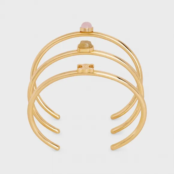 思琳/Celine TRIOMPHE INDIE金色饰面黄铜、发晶和粉色石英手镯3枚套装 460RI6GPQ.08RP