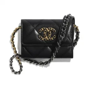 香奈儿/Chanel 链子CHANEL 19口盖零钱包  亮面山羊皮、金色金属、银色金属与钌色金属  黑 AP1787-B03211-94305