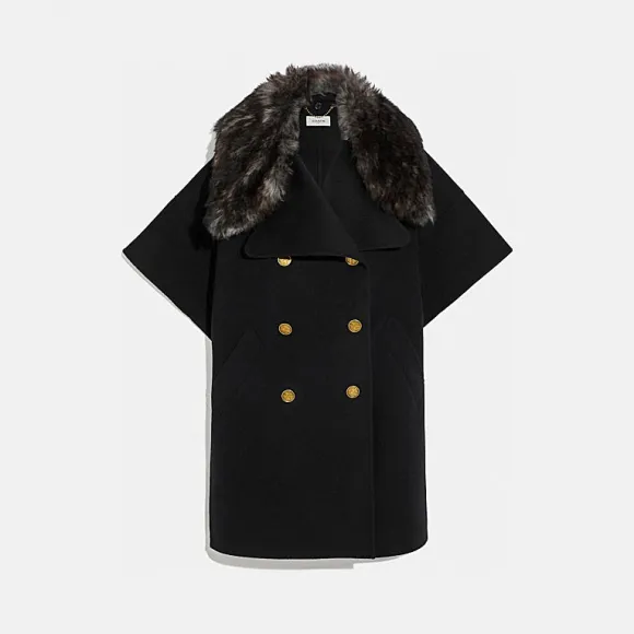 蔻驰/Coach 皮毛一体领奢华羊毛披风 78929_BLK