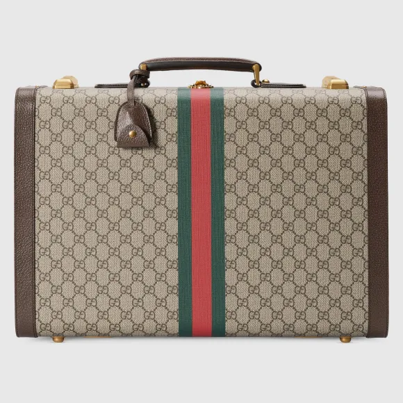 古驰/Gucci 饰织带GG中号行李箱 米色和乌木色Supreme帆布 男士 611642-2YGAT-8358
