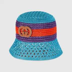 古驰/Gucci 浅蓝色拉菲草效果渔夫帽 750690-3HATL-4864