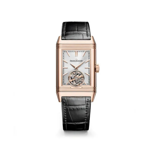 积家/Jaeger LeCoultre Reverso Tribute Duoface Tourbillon翻转系列双面双时区陀飞轮腕表手动上链男士腕表玫瑰金款Q392243J