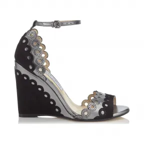 Jimmychoo/吉米周 钢金属纳帕坡跟黑色扇贝穿孔绒面革 DEVOUT100OPE004317