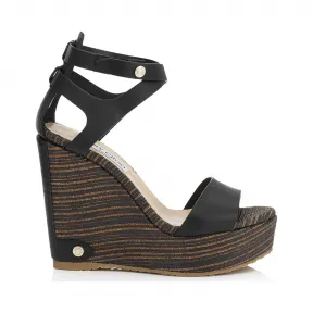 Jimmychoo/吉米周 黑色皮革和条纹网状软木坡跟 NOELLE120VIH010003