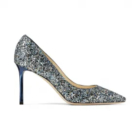 Jimmychoo/吉米周 铁蓝色斑点闪粉尖头高跟鞋  ROMY85GFB043061