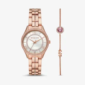 迈克高仕/Michael Kors 迷你 Lauryn Pav 玫瑰金色手表和光环滑块手链套装 MK1035-0622