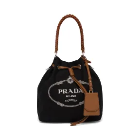 普拉达/Prada 棉质帆布和皮革水桶包 1BE032-2DID-F0B7K