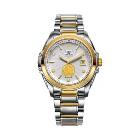 天王/Tianwang 不锈钢表壳，壳身不锈钢螺 丝锁钢片，不锈钢表圈电黄金，透视螺 丝锁底。  锋尚系列 自动机械  GS5658T-D-A