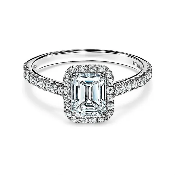 蒂芙尼/Tiffany Soleste 配钻石铂金环的祖母绿式切割钻石光环订婚戒指 32043011 