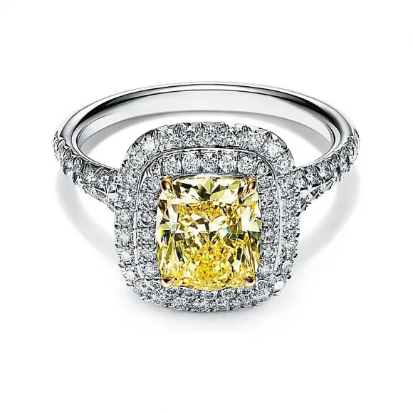 蒂芙尼/Tiffany Soleste 系列铂金镶嵌枕形切割黄钻边镶珠链式钻石订婚钻戒 60412472 