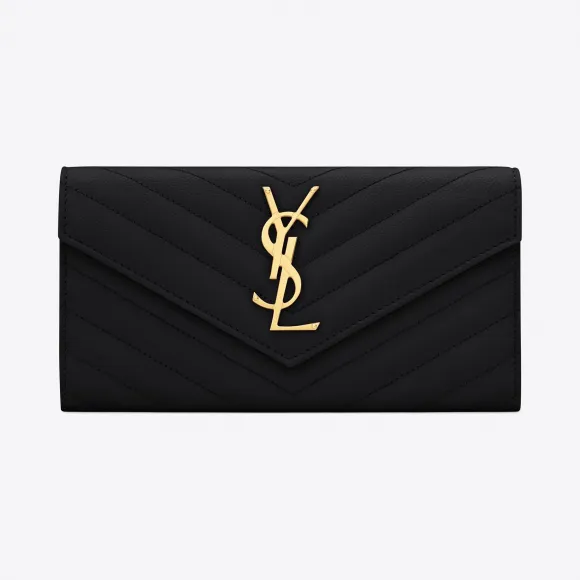 伊夫圣罗兰/Yves Saint laurent monogram 大号黑色细粒纹理提花凸纹真皮翻盖钱夹 372264BOW01