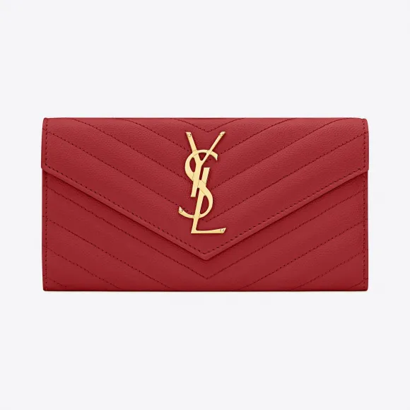 伊夫圣罗兰/Yves Saint laurent monogram 大号大红色细粒纹理提花凸纹真皮翻盖钱夹 372264BOW0