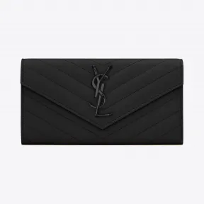 伊夫圣罗兰/Yves Saint laurent 大号monogram图案型圣罗兰翻盖钱包，采用黑色颗粒纹理小羊皮皮革 3722
