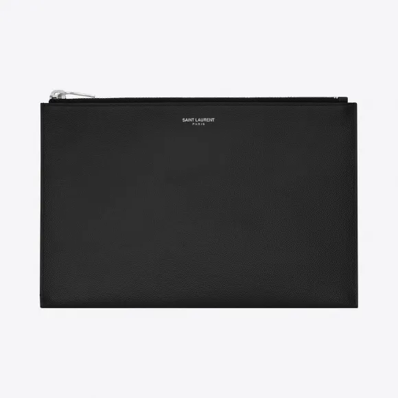 伊夫圣罗兰/Yves Saint laurent 经典SAINT LAURENT PARIS拉链式迷你平板电脑袋，采用黑色颗粒山