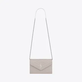 伊夫圣罗兰/Yves Saint laurent monogram冰白色颗粒纹理提花真皮制长款链条钱包 393953BOW021