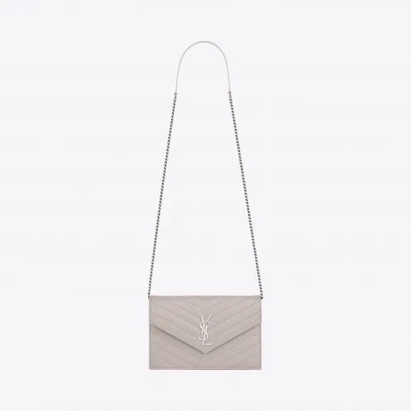 伊夫圣罗兰/Yves Saint laurent monogram冰白色颗粒纹理提花真皮制长款链条钱包 393953BOW021