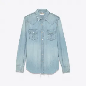 伊夫圣罗兰/Yves Saint laurent 光石蓝色棉麻经典Western衬衫  407715Y890L4840